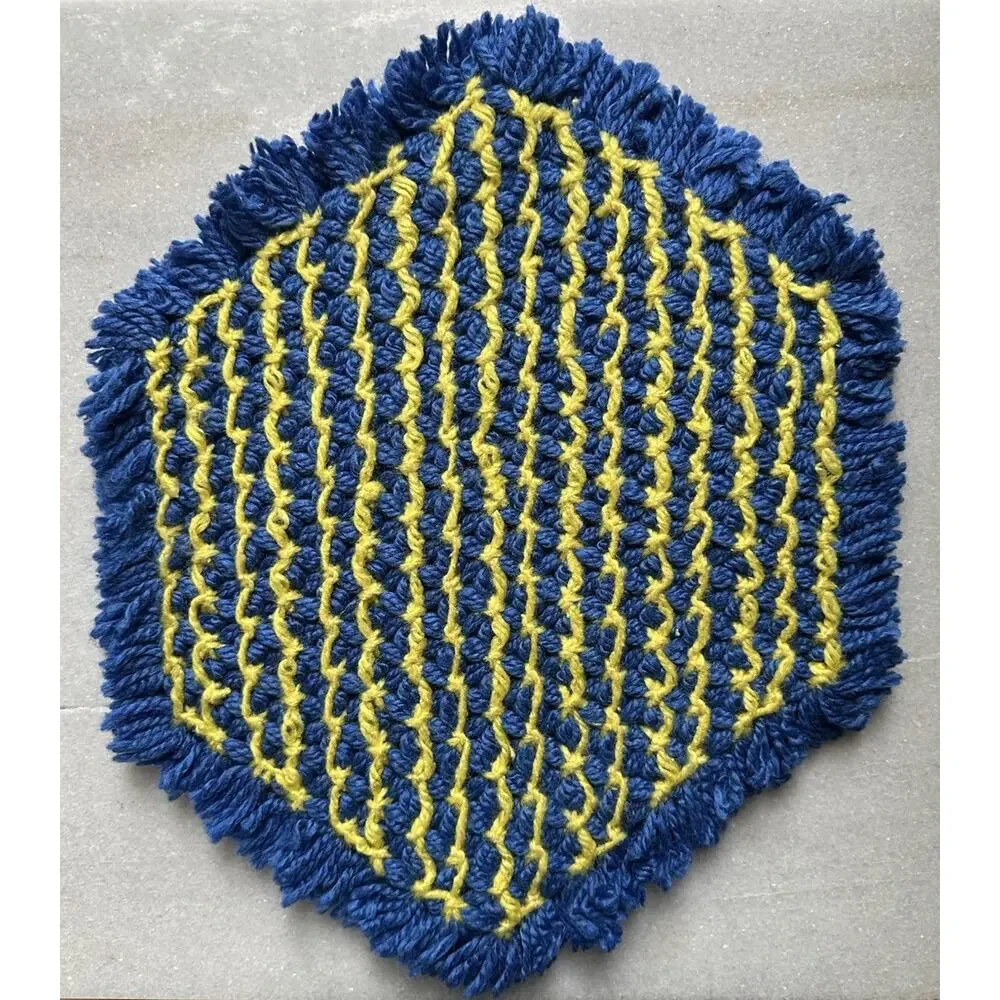 2 VTG 70’s Crocheted Hot Pad Trivet Blue and Yellow 16” x 13” Vintage Handmade